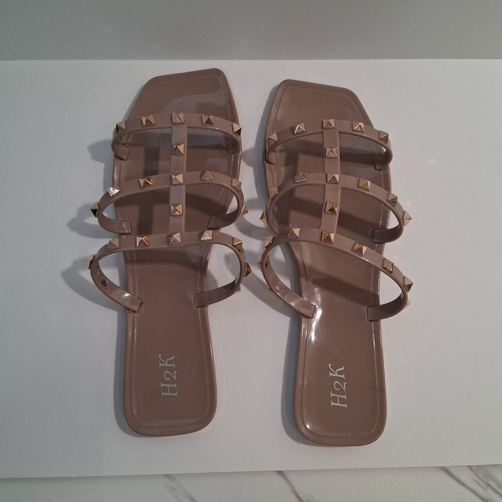 H2K Nude/Tan Jelly Slide Sandals Open Toe Gold Toned Pyramid Rivets/Studs-9